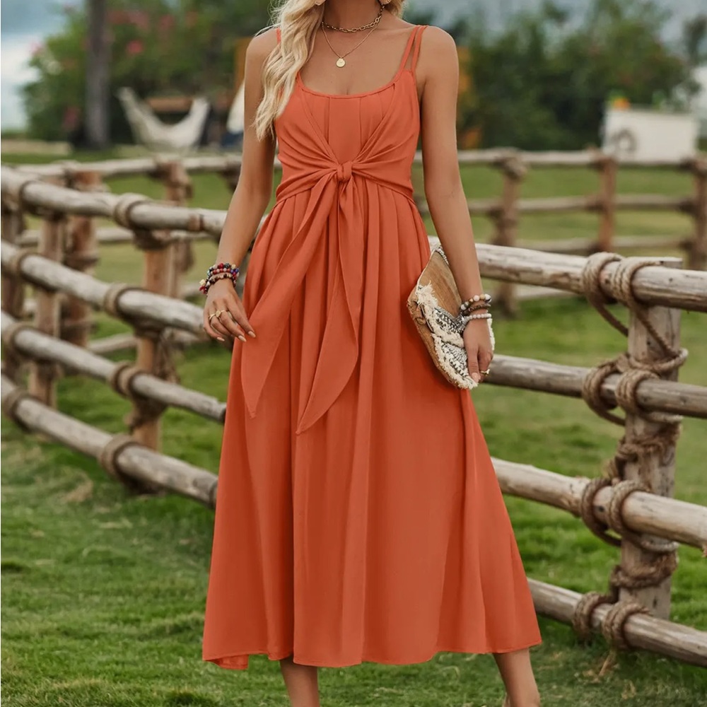Orange Midi Linen Like Adjustable Straps Dress Sleeveless Tie Front